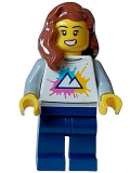 LEGO cty1584 Female - White Shirt with Mountains, Dark Blue Legs, Open Mouth, Reddish Brown Hair