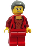 LEGO hol072 Female Corset with Gold Panel Front and Lace Up Back Pattern, Red Legs, Dark Bluish Gray Hair with Top Knot Bun (Thanksgiving Mom)